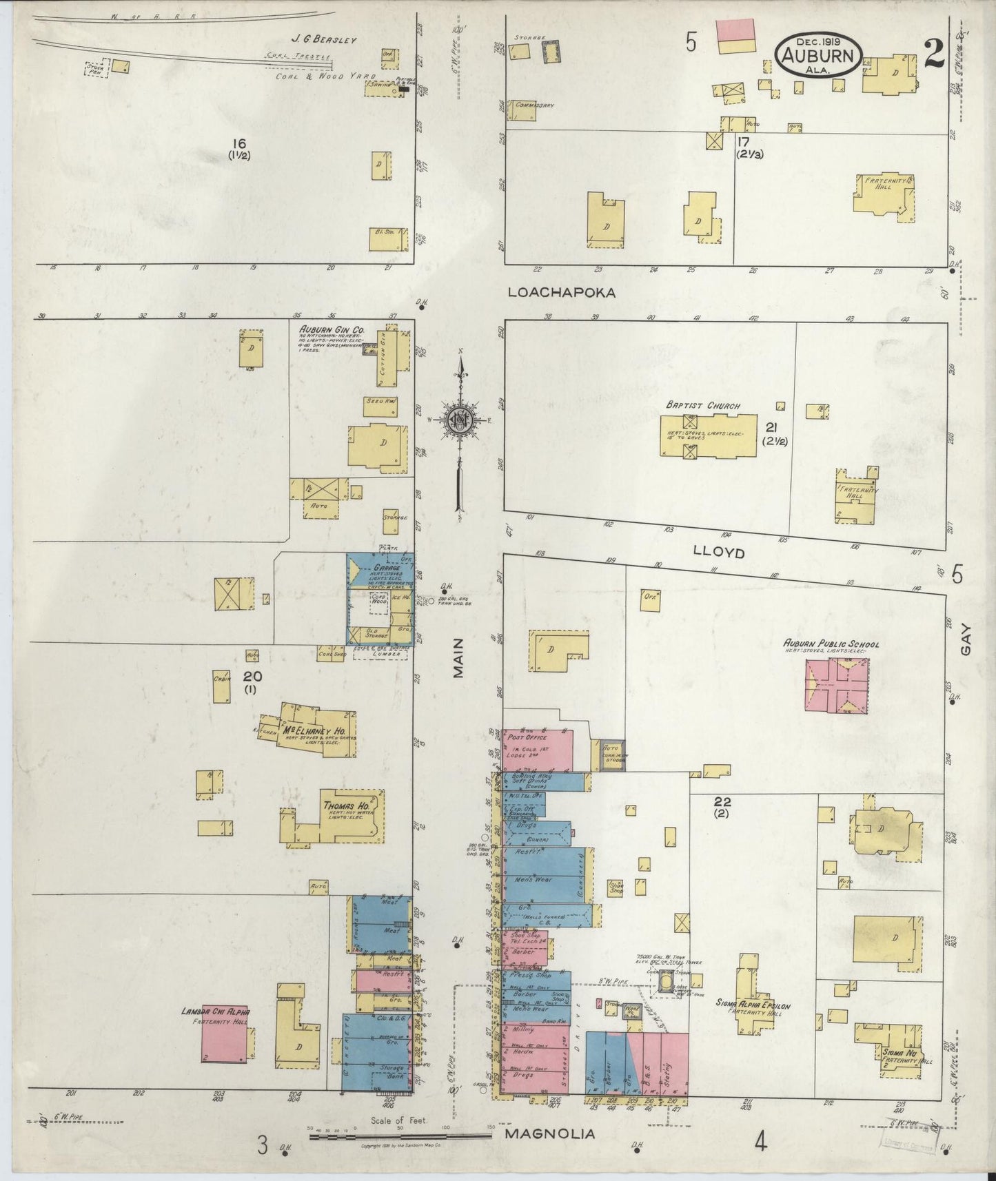 Sanborn Fire Insurance Map from Auburn, Lee County, Alabama (1919), Sheet #0002 - Historic Sanborn Fire Insurance Map Print, vintage old map wall art, antique decor, genealogy gift, Alabama Alabama map