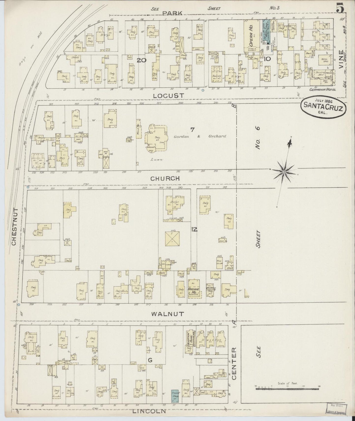 Sanborn Fire Insurance Map from Santa Cruz, Santa Cruz County, California (1886), Sheet #0005 - Complete Map Set gallery image, historic Sanborn map, vintage wall art, California California
