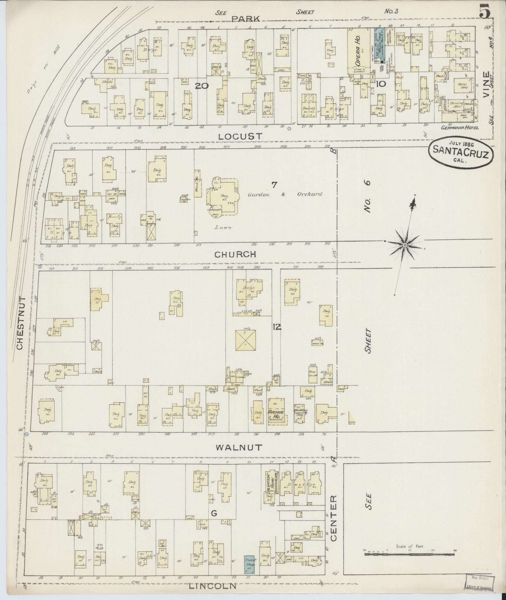 Sanborn Fire Insurance Map from Santa Cruz, Santa Cruz County, California (1886), Sheet #0005 - Complete Map Set gallery image, historic Sanborn map, vintage wall art, California California