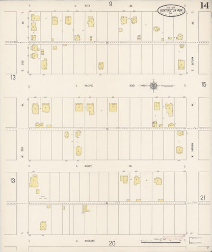 Sanborn Fire Insurance Map from Huntington Park, Los Angeles County, California (1916), Sheet #0014 - Complete Map Set gallery image, historic Sanborn map, vintage wall art, California California