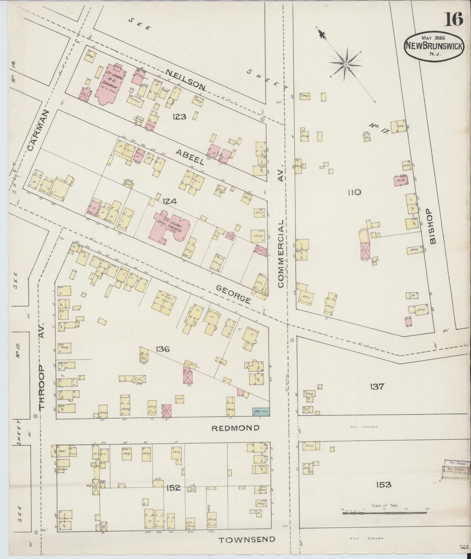 Sanborn Fire Insurance Map from New Brunswick, Middlesex County, New Jersey (1886), Sheet #0016 - Historic Sanborn Fire Insurance Map Print, vintage old map wall art, antique decor, genealogy gift, New Jersey New Jersey map