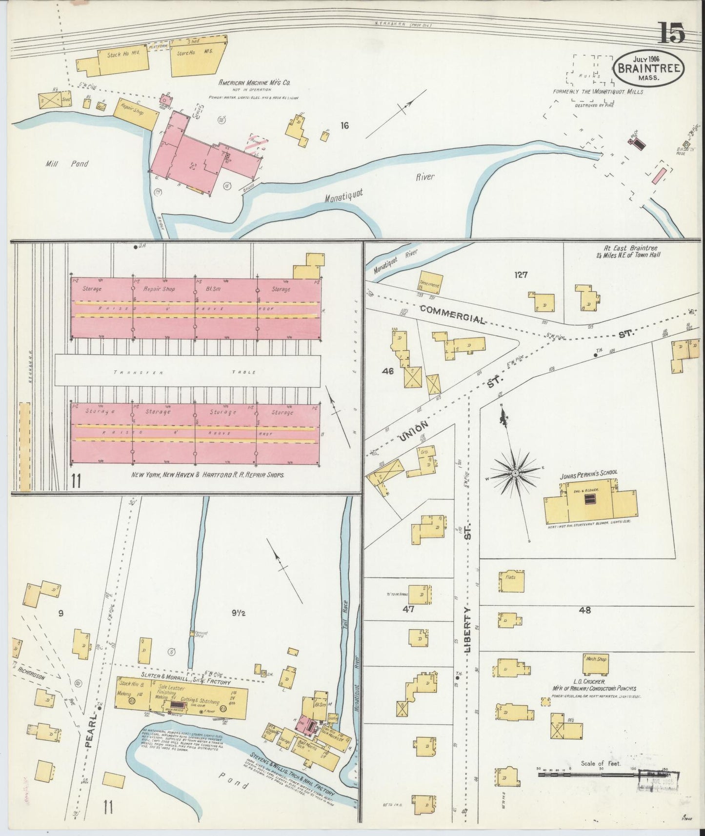 Sanborn Fire Insurance Map from Braintree, Norfolk County, Massachusetts (1906), Sheet #0015 - Historic Sanborn Fire Insurance Map Print, vintage old map wall art, antique decor, genealogy gift, Massachusetts Massachusetts map