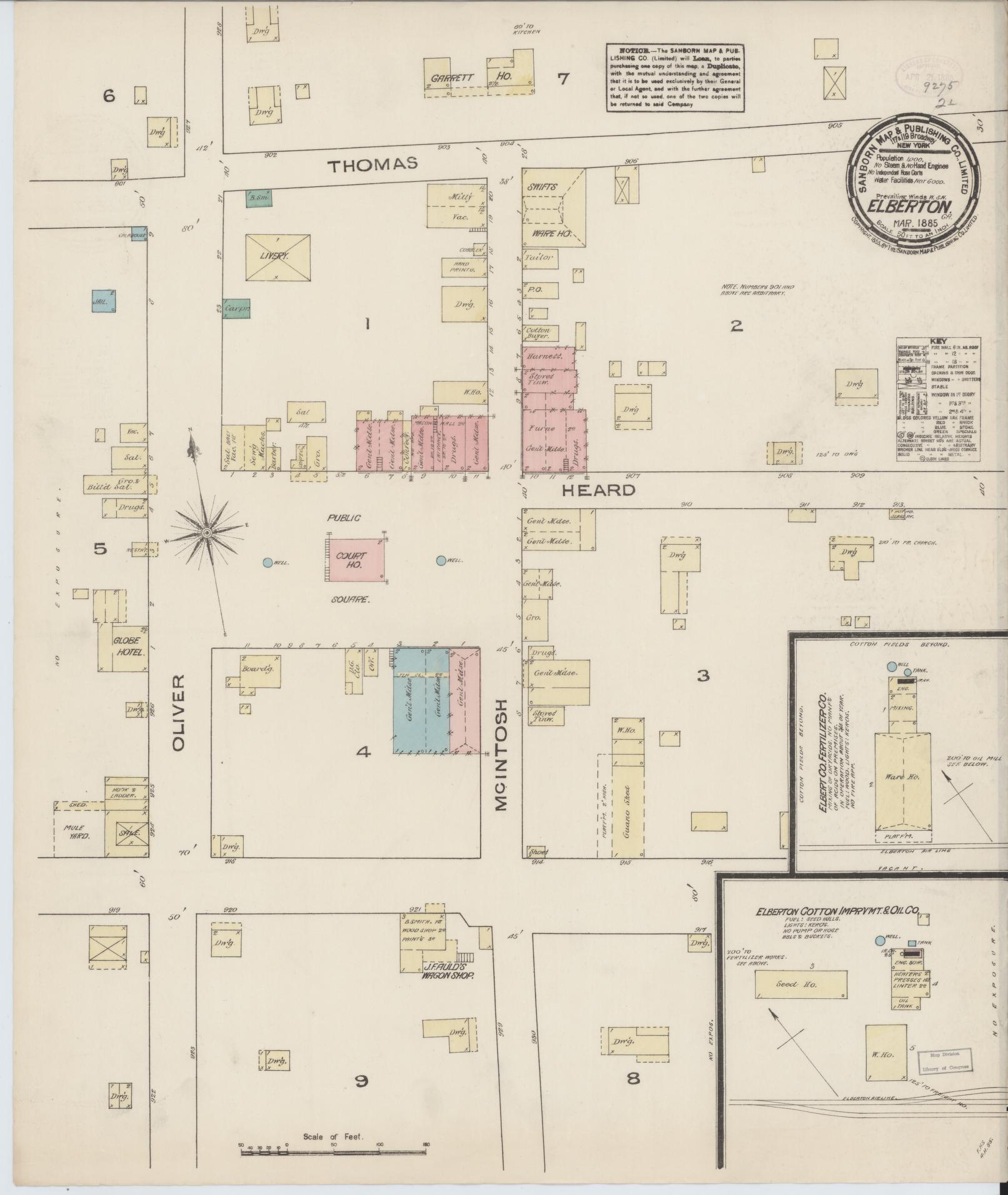 Sanborn Fire Insurance Map from Elberton, Elbert County, Georgia (1885), Sheet #0001 - Historic Sanborn Fire Insurance Map Print, vintage old map wall art, antique decor, genealogy gift, Georgia Georgia map