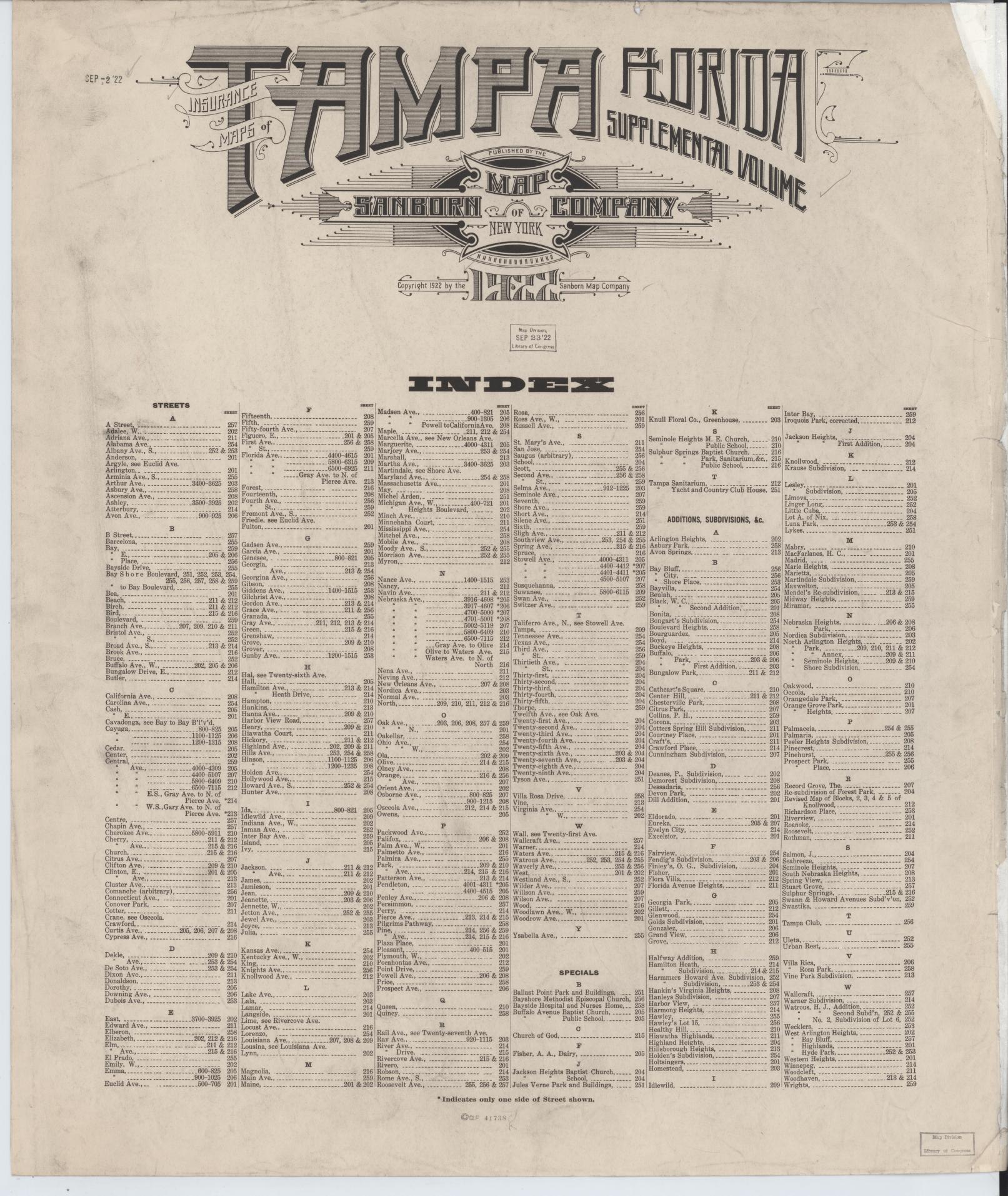 Sanborn Fire Insurance Map from Tampa, Hillsborough County, Florida (1922), Sheet #0001 - Historic Sanborn Fire Insurance Map Print, vintage old map wall art, antique decor, genealogy gift, Florida Florida map