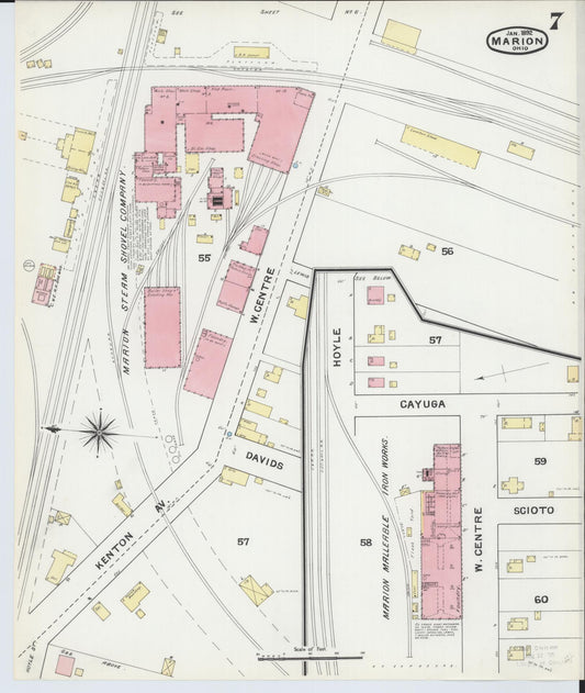 Sanborn Fire Insurance Map from Marion, Marion County, Ohio (1892), Sheet #0007 - Historic Sanborn Fire Insurance Map Print, vintage old map wall art, antique decor, genealogy gift, Ohio Ohio map