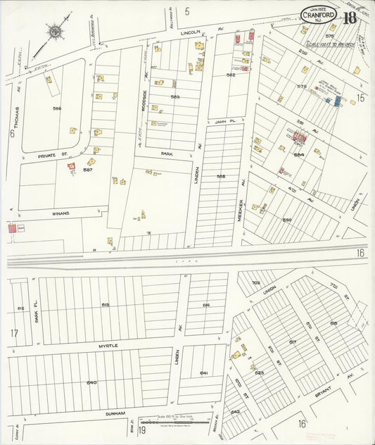 Sanborn Fire Insurance Map from Cranford, Union County, New Jersey (1922), Sheet #0018 - Historic Sanborn Fire Insurance Map Print, vintage old map wall art, antique decor, genealogy gift, New Jersey New Jersey map