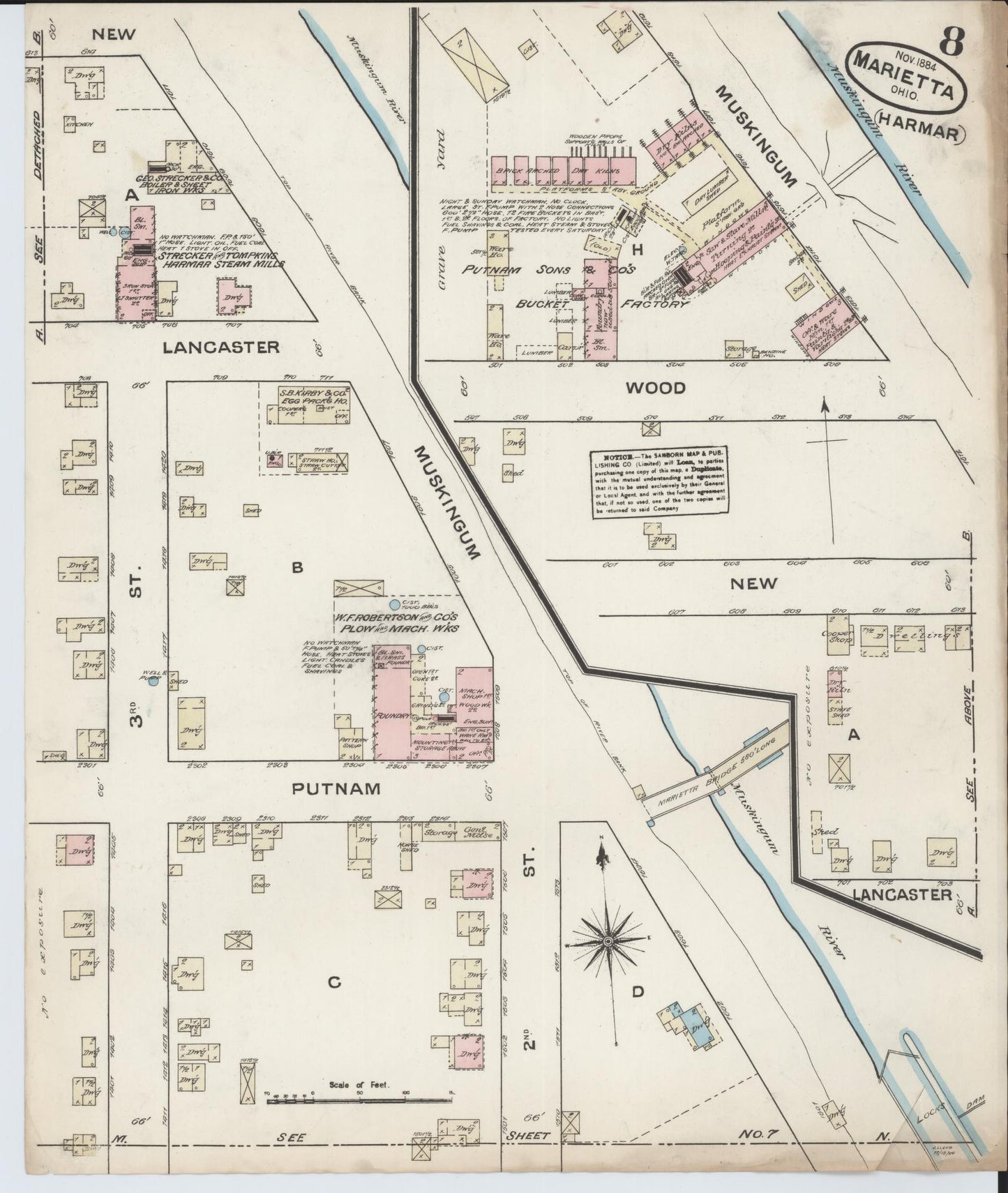 Sanborn Fire Insurance Map from Marietta, Washington County, Ohio (1884), Sheet #0008 - Historic Sanborn Fire Insurance Map Print, vintage old map wall art, antique decor, genealogy gift, Ohio Ohio map