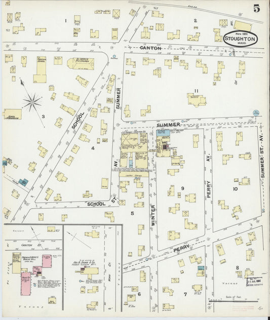 Sanborn Fire Insurance Map from Stoughton, Norfolk County, Massachusetts (1891), Sheet #0005 - Historic Sanborn Fire Insurance Map Print, vintage old map wall art, antique decor, genealogy gift, Massachusetts Massachusetts map