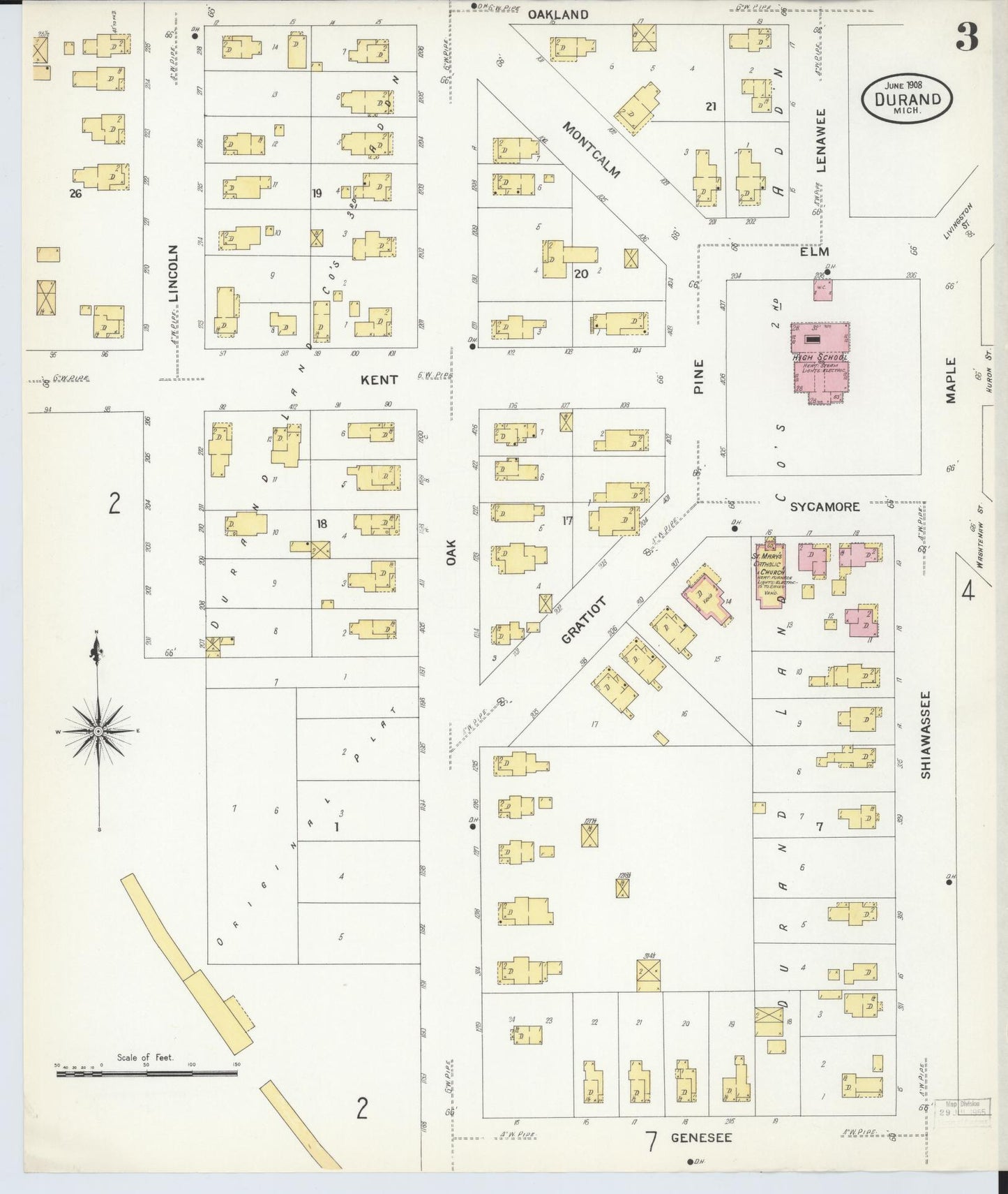 Sanborn Fire Insurance Map from Durand, Shiawassee County, Michigan (1908), Sheet #0003 - Complete Map Set gallery image, historic Sanborn map, vintage wall art, Michigan Michigan