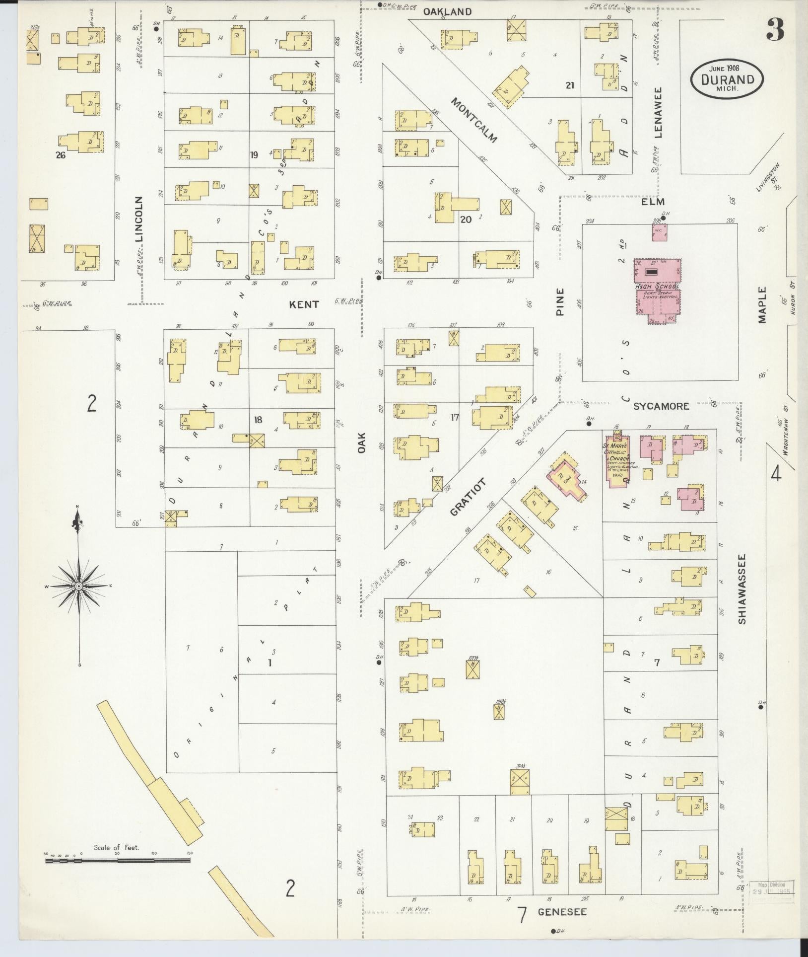 Sanborn Fire Insurance Map from Durand, Shiawassee County, Michigan (1908), Sheet #0003 - Complete Map Set gallery image, historic Sanborn map, vintage wall art, Michigan Michigan