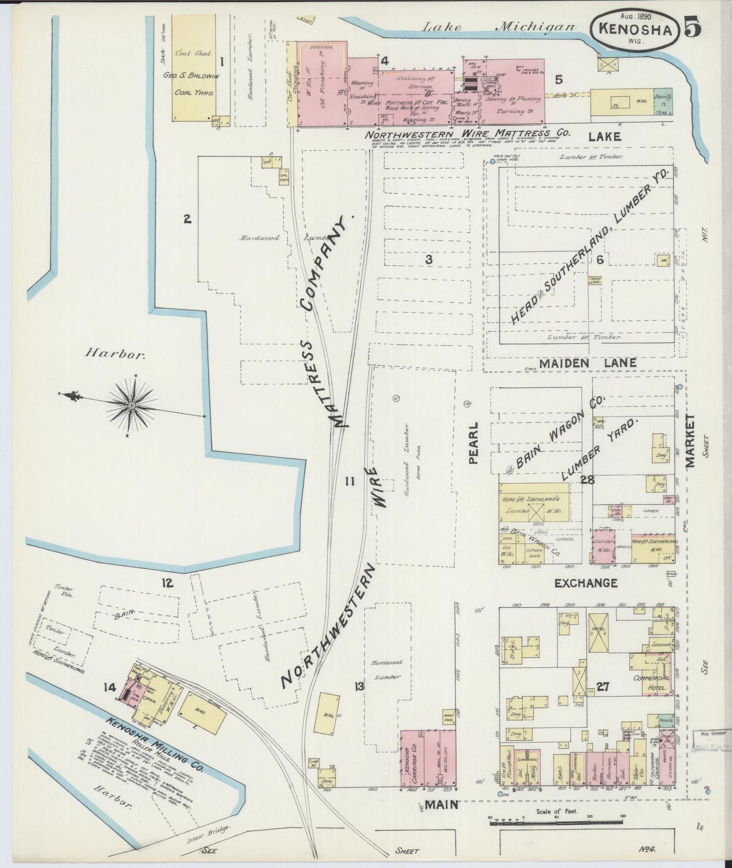 Sanborn Fire Insurance Map from Kenosha, Kenosha County, Wisconsin (1890), Sheet #0005 - Historic Sanborn Fire Insurance Map Print, vintage old map wall art, antique decor, genealogy gift, Wisconsin Wisconsin map
