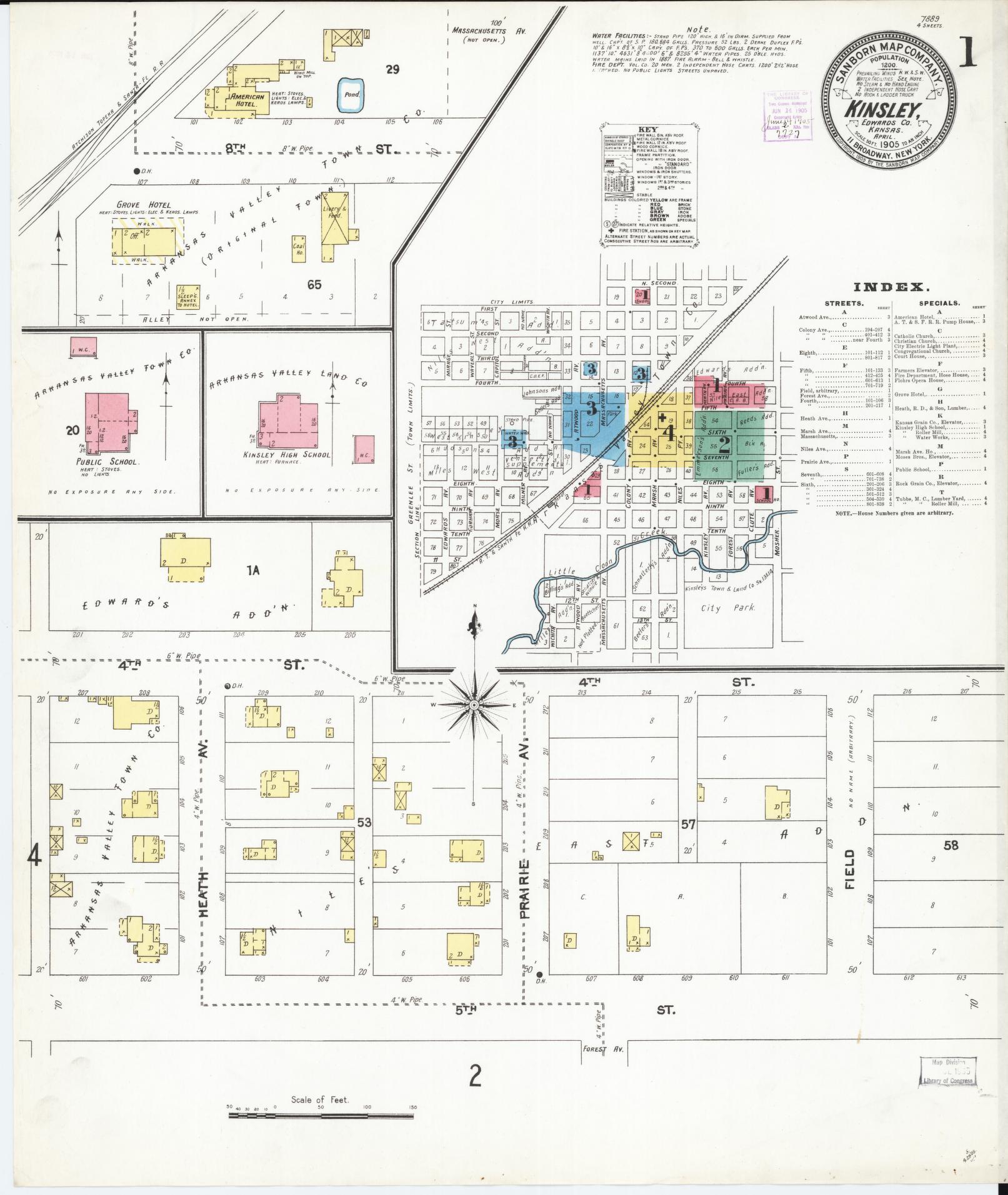 Sanborn Fire Insurance Map from Kinsley, Edwards County, Kansas (1905), Sheet #0001 - Historic Sanborn Fire Insurance Map Print, vintage old map wall art, antique decor, genealogy gift, Kansas Kansas map
