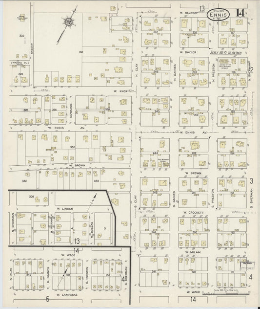Sanborn Fire Insurance Map from Ennis, Ellis County, Texas (1915), Sheet #0014 - Historic Sanborn Fire Insurance Map Print, vintage old map wall art, antique decor, genealogy gift, Texas Texas map