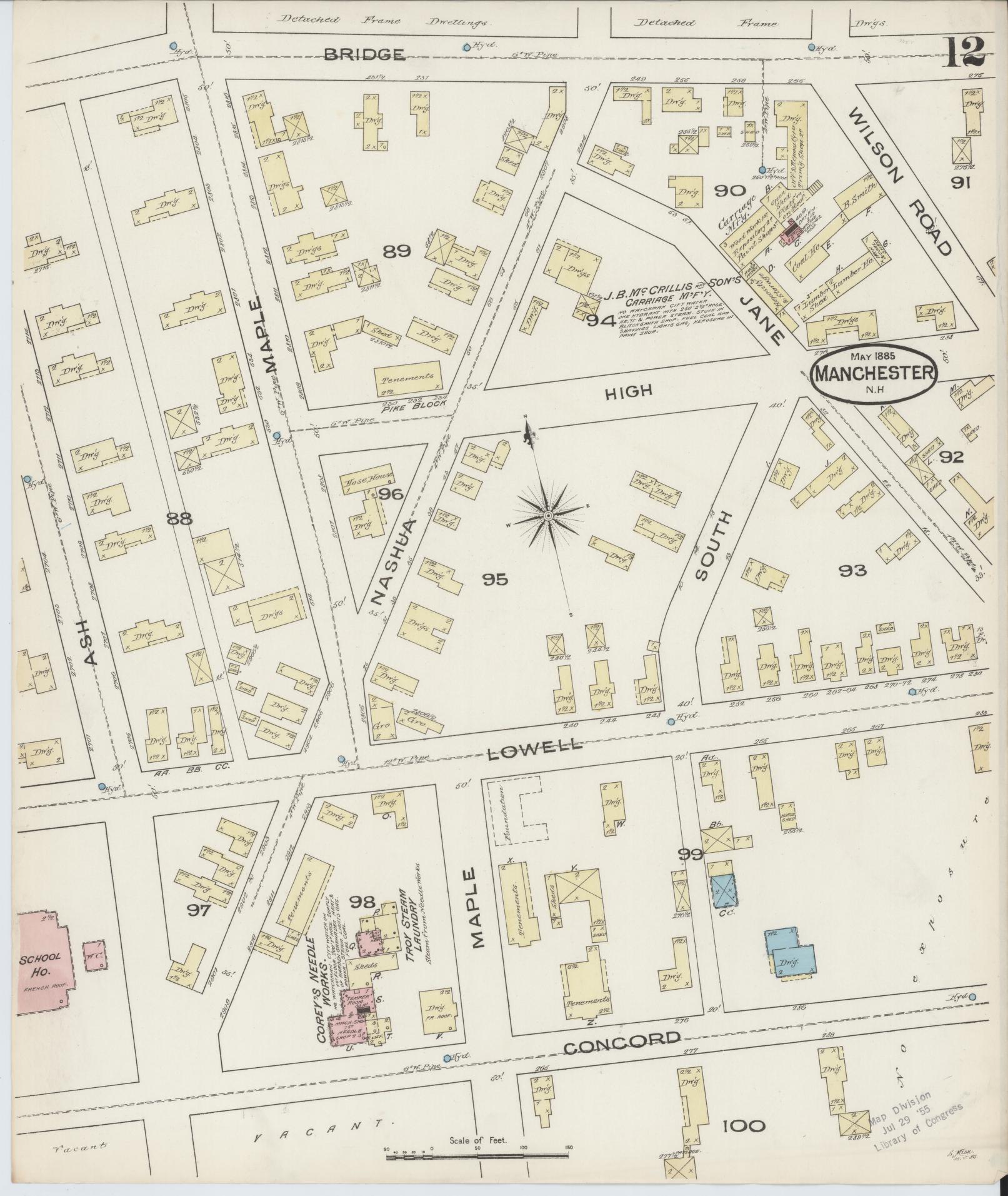 Sanborn Fire Insurance Map from Manchester, Hillsborough County, New Hampshire. (1885), Sheet 12 – Historic Sanborn Fire Insurance Map Print