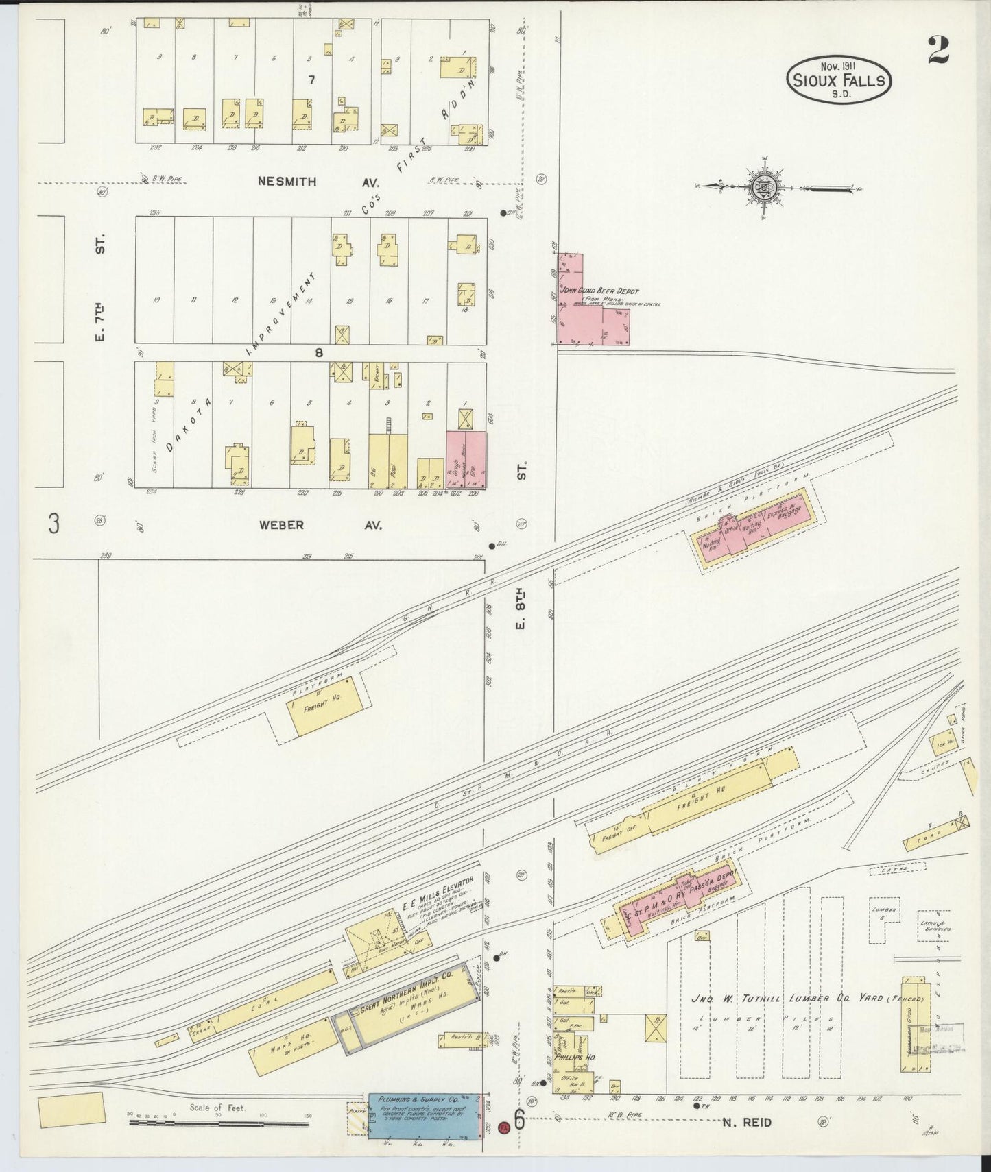 Sanborn Fire Insurance Map from Sioux Falls, Minnehaha County, South Dakota (1911), Sheet #0002 - Historic Sanborn Fire Insurance Map Print, vintage old map wall art, antique decor, genealogy gift, South Dakota South Dakota map