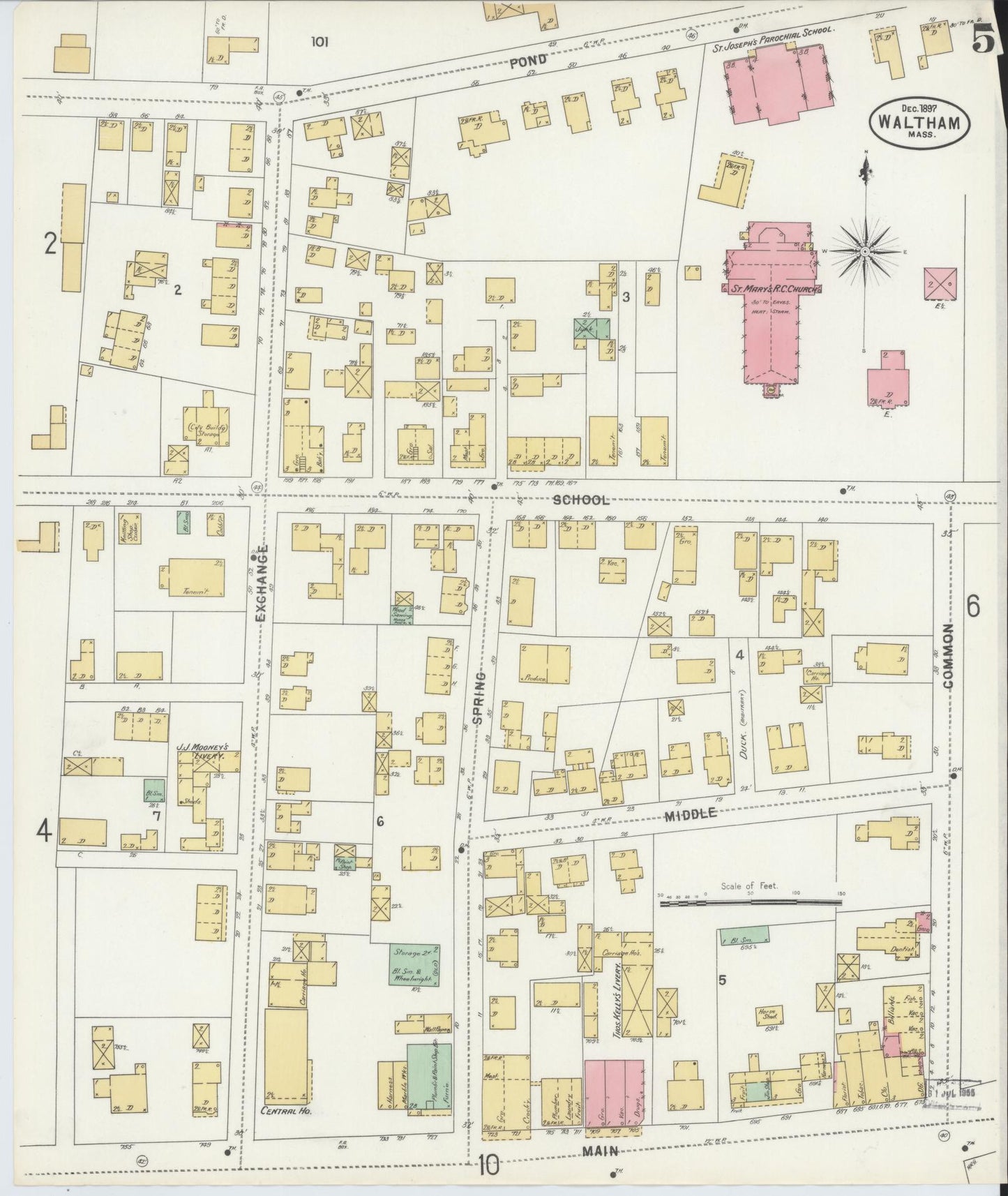 Sanborn Fire Insurance Map from Waltham, Middlesex County, Massachusetts (1897), Sheet #0005 - Complete Map Set gallery image, historic Sanborn map, vintage wall art, Massachusetts Massachusetts