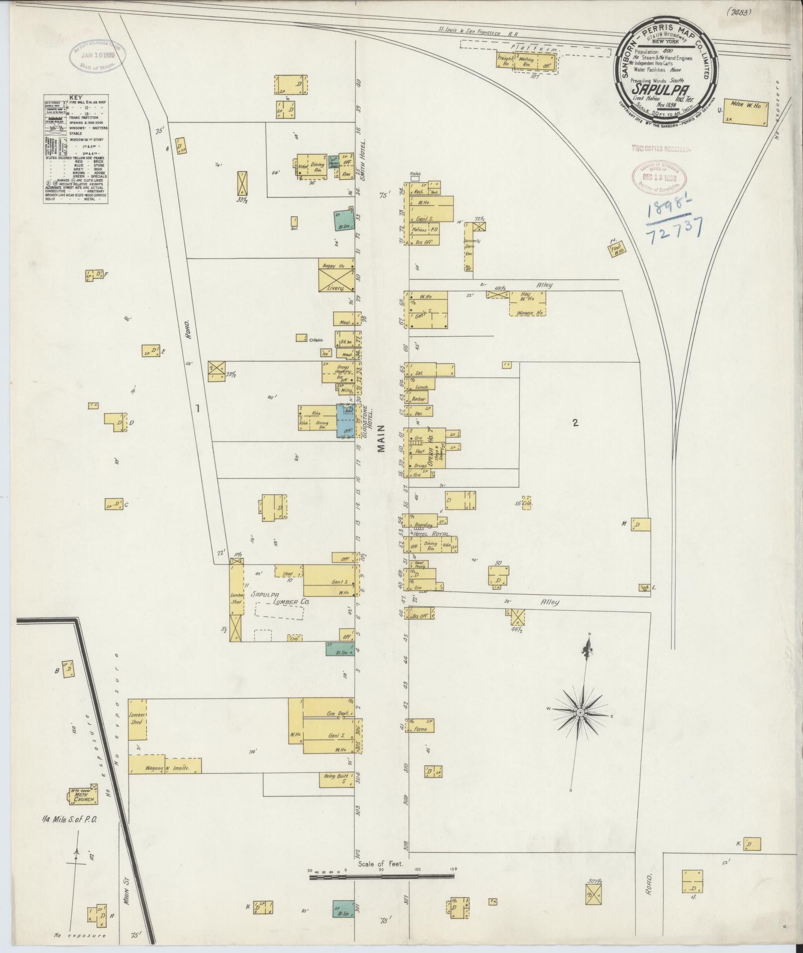 Sanborn Fire Insurance Map from Sapulpa, Creek County, Oklahoma (1898), Sheet #0001 - Historic Sanborn Fire Insurance Map Print, vintage old map wall art, antique decor, genealogy gift, Oklahoma Oklahoma map
