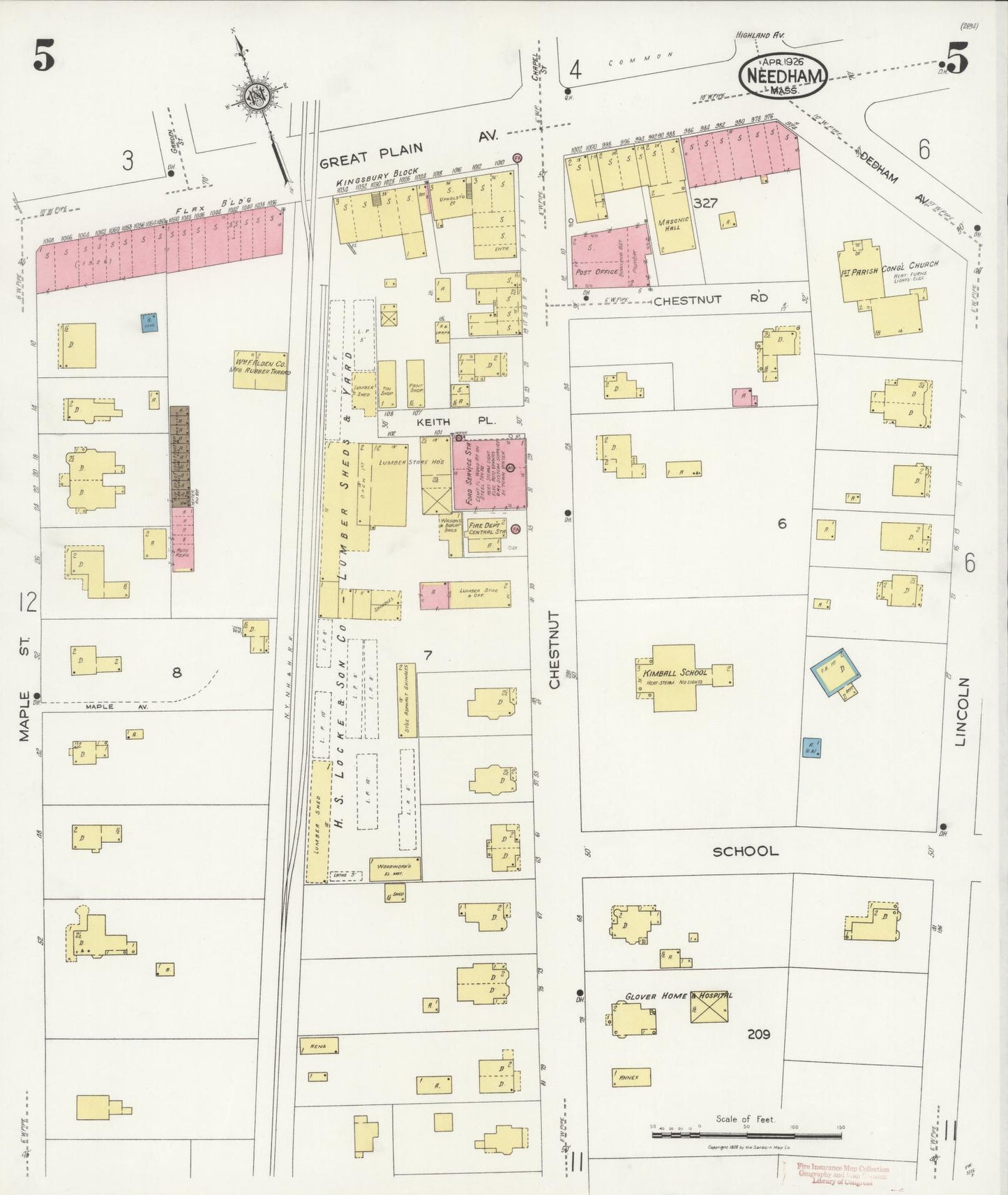 Sanborn Fire Insurance Map from Needham, Norfolk County, Massachusetts (1926), Sheet #0005 - Complete Map Set gallery image, historic Sanborn map, vintage wall art, Massachusetts Massachusetts