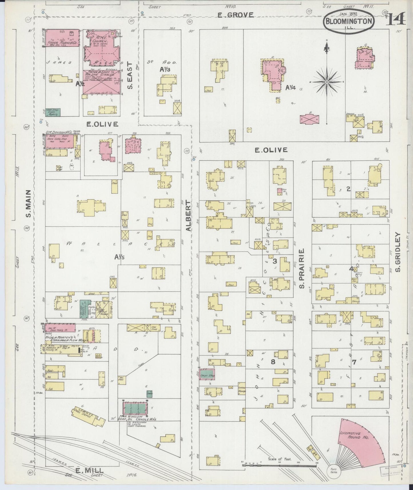 Sanborn Fire Insurance Map from Bloomington, McLean County, Illinois (1892), Sheet #0014 - Complete Map Set gallery image, historic Sanborn map, vintage wall art, Illinois Illinois