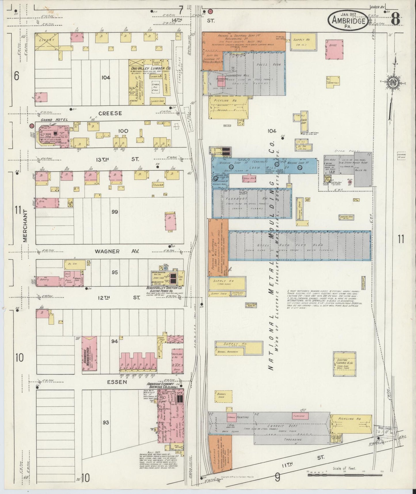 Sanborn Fire Insurance Map from Ambridge, Beaver County, Pennsylvania (1917), Sheet #0008 - Historic Sanborn Fire Insurance Map Print, vintage old map wall art, antique decor, genealogy gift, Pennsylvania Pennsylvania map