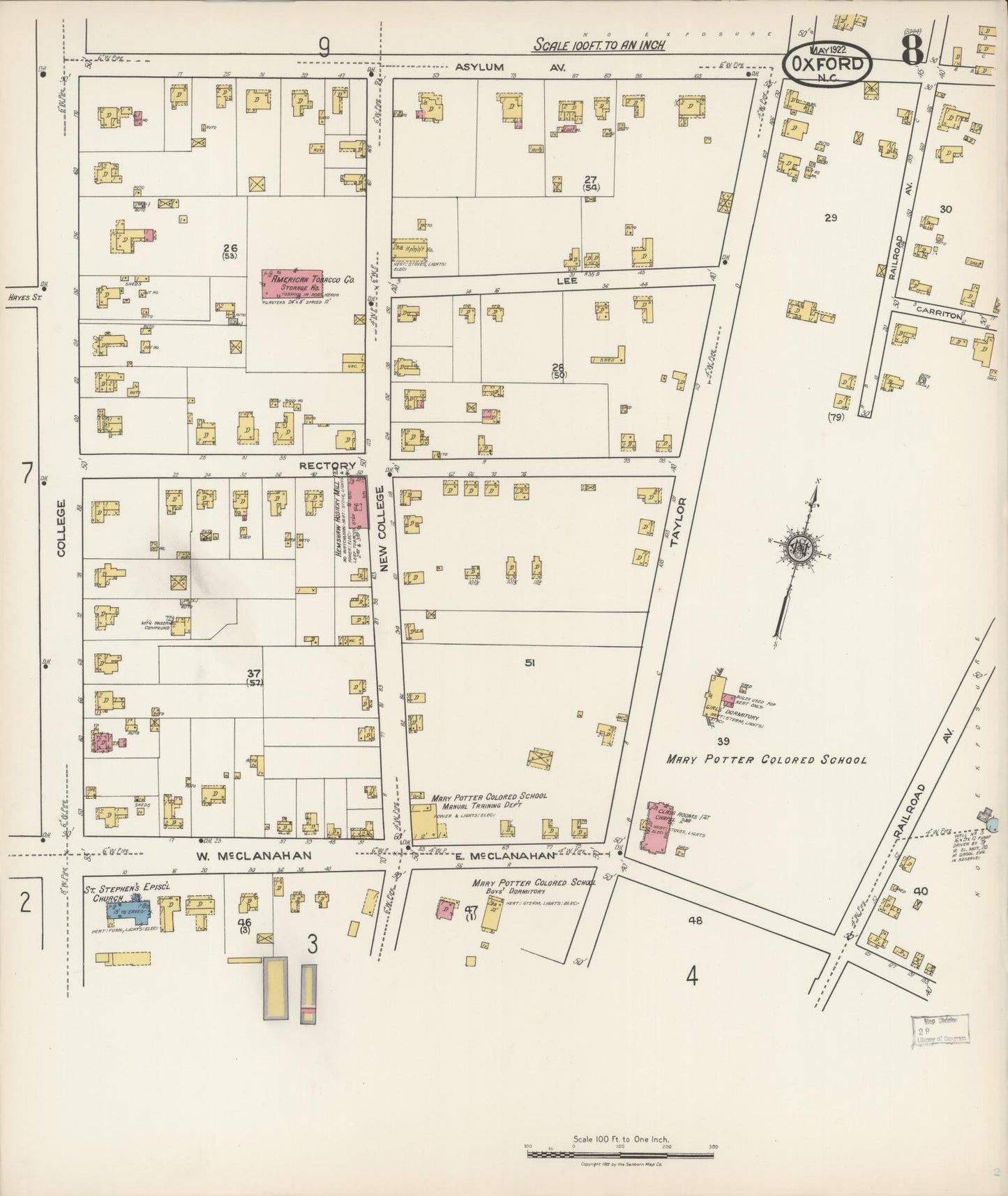 Sanborn Fire Insurance Map from Oxford, Granville County, North Carolina (1922), Sheet #0008 - Historic Sanborn Fire Insurance Map Print, vintage old map wall art, antique decor, genealogy gift, North Carolina North Carolina map