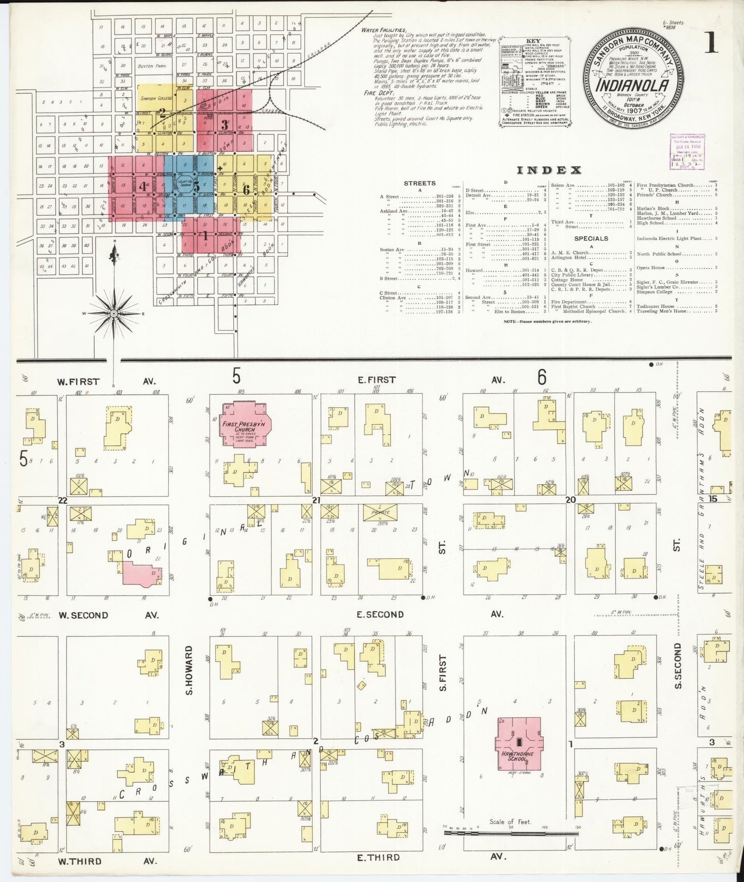 Sanborn Fire Insurance Map from Indianola, Warren County, Iowa (1907), Sheet #0001 - Historic Sanborn Fire Insurance Map Print, vintage old map wall art