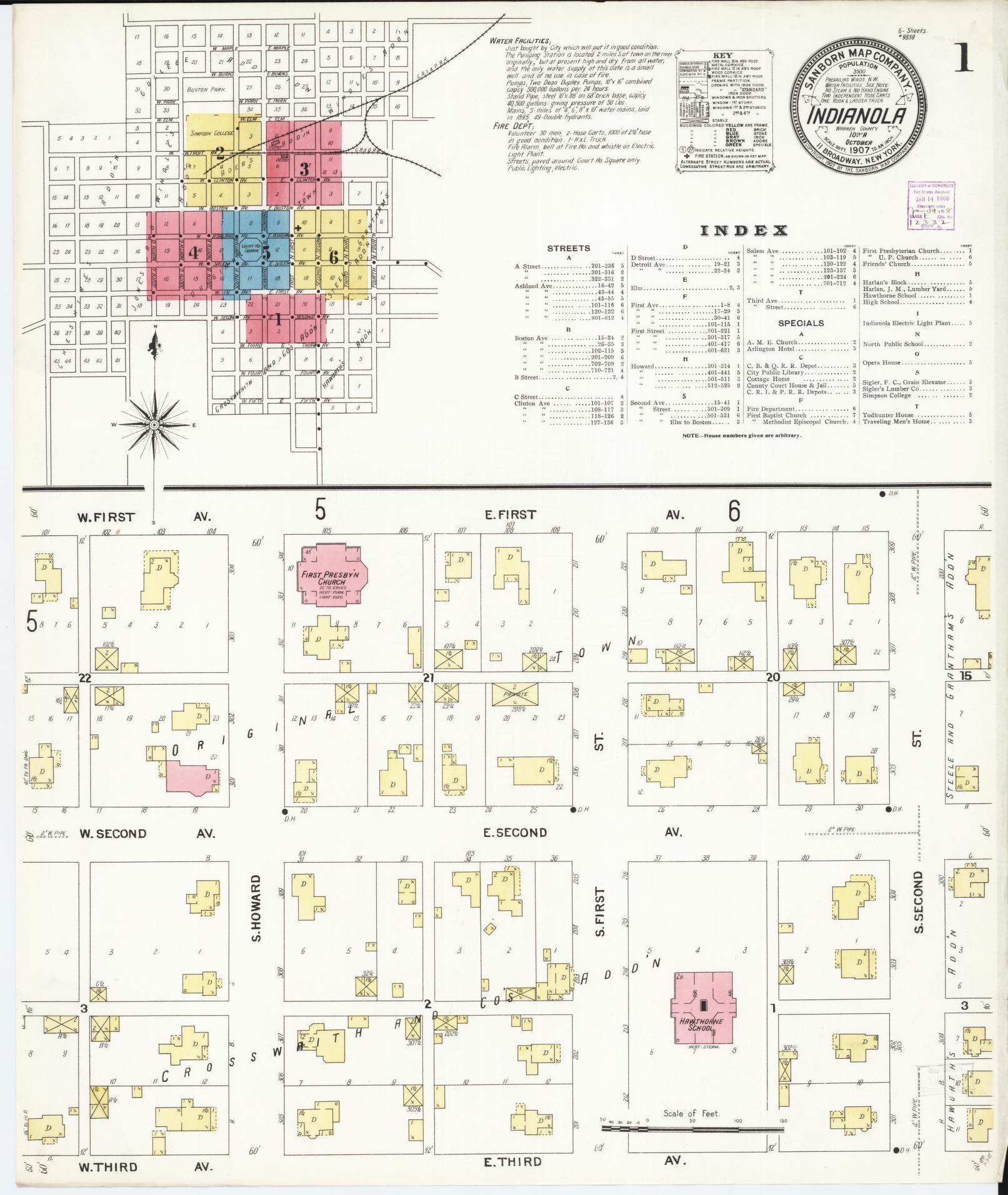 Sanborn Fire Insurance Map from Indianola, Warren County, Iowa (1907), Sheet #0001 - Historic Sanborn Fire Insurance Map Print, vintage old map wall art