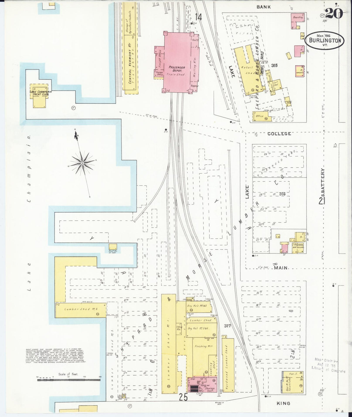 Sanborn Fire Insurance Map from Burlington, Chittenden County, Vermont (1906), Sheet #0020 - Historic Sanborn Fire Insurance Map Print, vintage old map wall art, antique decor, genealogy gift, Vermont Vermont map