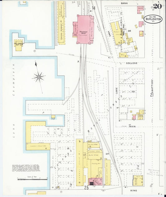 Sanborn Fire Insurance Map from Burlington, Chittenden County, Vermont (1906), Sheet #0020 - Historic Sanborn Fire Insurance Map Print, vintage old map wall art, antique decor, genealogy gift, Vermont Vermont map