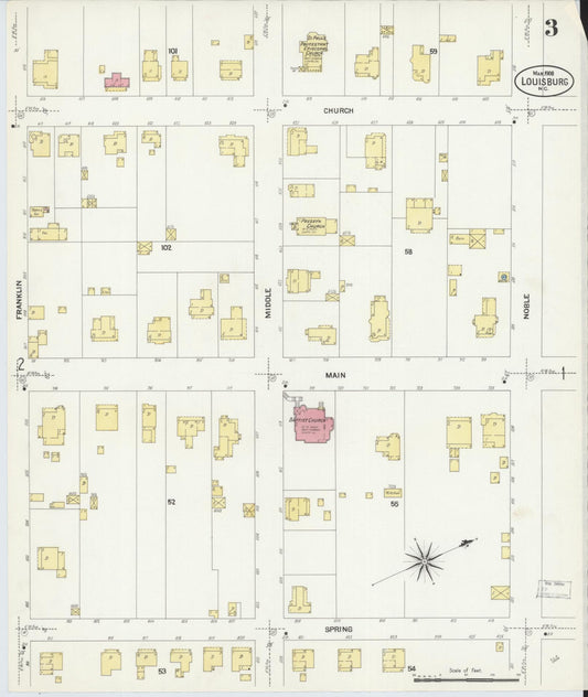 Sanborn Fire Insurance Map from Louisburg, Franklin County, North Carolina (1908), Sheet #0003 - Historic Sanborn Fire Insurance Map Print, vintage old map wall art, antique decor, genealogy gift, North Carolina North Carolina map