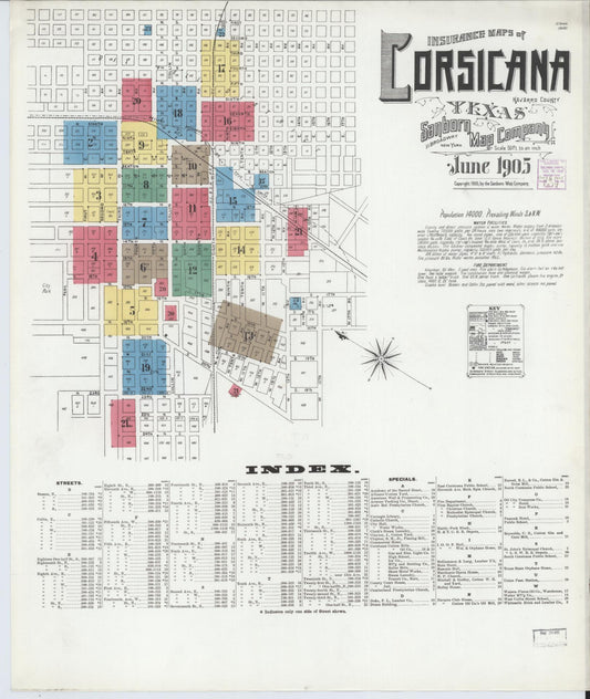 Sanborn Fire Insurance Map from Corsicana, Navarro County, Texas (1905), Sheet #0001 - Complete Map Set gallery image, historic Sanborn map, vintage wall art, Texas Texas