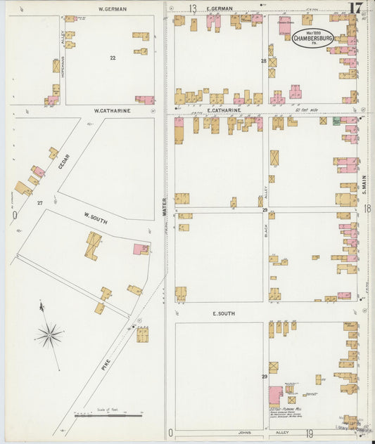 Sanborn Fire Insurance Map from Chambersburg, Franklin County, Pennsylvania (1899), Sheet #0017 - Historic Sanborn Fire Insurance Map Print, vintage old map wall art, antique decor, genealogy gift, Pennsylvania Pennsylvania map