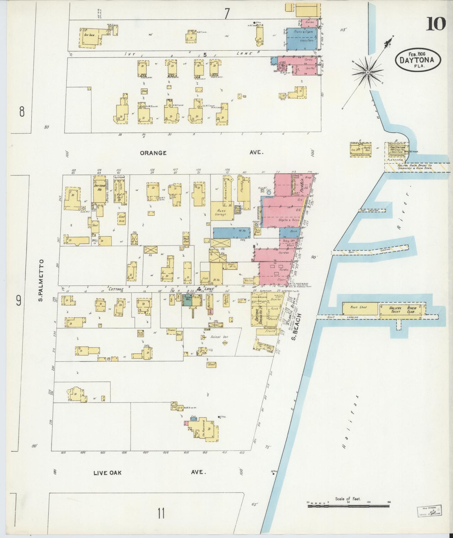 Sanborn Fire Insurance Map from Daytona, Volusia County, Florida (1906), Sheet #0010 - Historic Sanborn Fire Insurance Map Print, vintage old map wall art, antique decor, genealogy gift, Florida Florida map