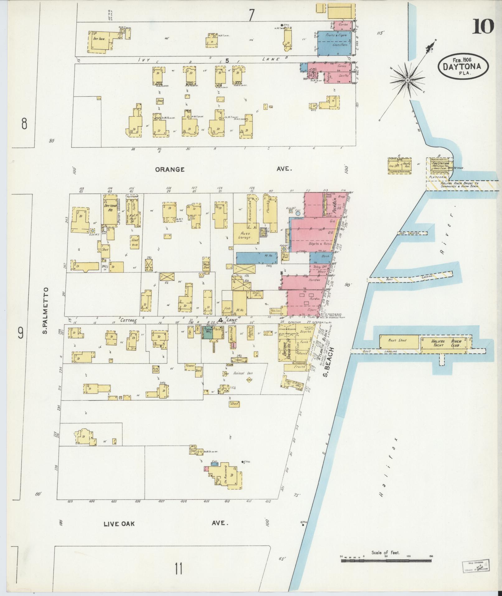 Sanborn Fire Insurance Map from Daytona, Volusia County, Florida (1906), Sheet #0010 - Historic Sanborn Fire Insurance Map Print, vintage old map wall art, antique decor, genealogy gift, Florida Florida map