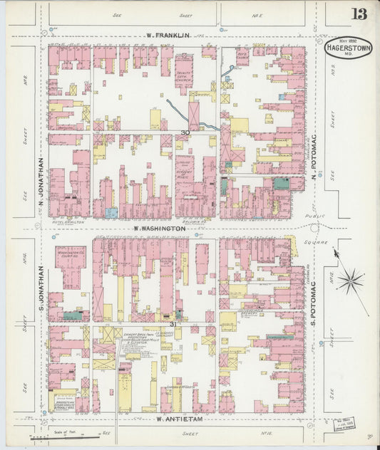 Sanborn Fire Insurance Map from Hagerstown, Washington County, Maryland (1892), Sheet #0013 - Historic Sanborn Fire Insurance Map Print, vintage old map wall art, antique decor, genealogy gift, Maryland Maryland map
