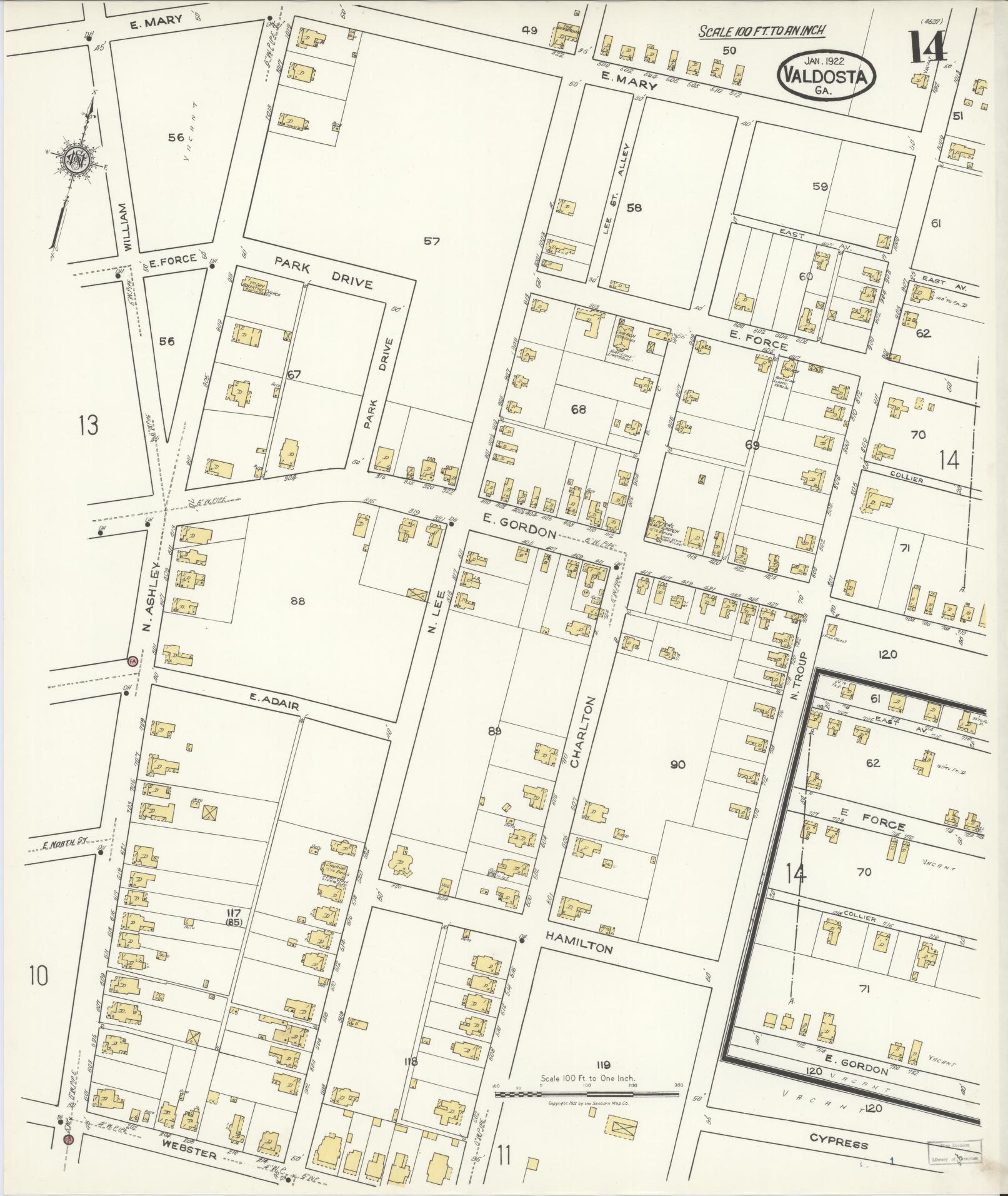 Sanborn Fire Insurance Map from Valdosta, Lowndes County, Georgia (1922), Sheet #0014 - Historic Sanborn Fire Insurance Map Print, vintage old map wall art, antique decor, genealogy gift, Georgia Georgia map