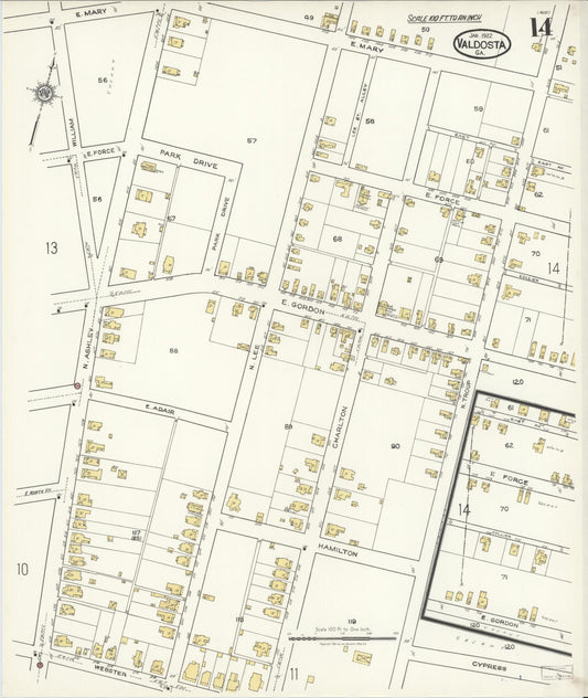 Sanborn Fire Insurance Map from Valdosta, Lowndes County, Georgia (1922), Sheet #0014 - Historic Sanborn Fire Insurance Map Print, vintage old map wall art, antique decor, genealogy gift, Georgia Georgia map