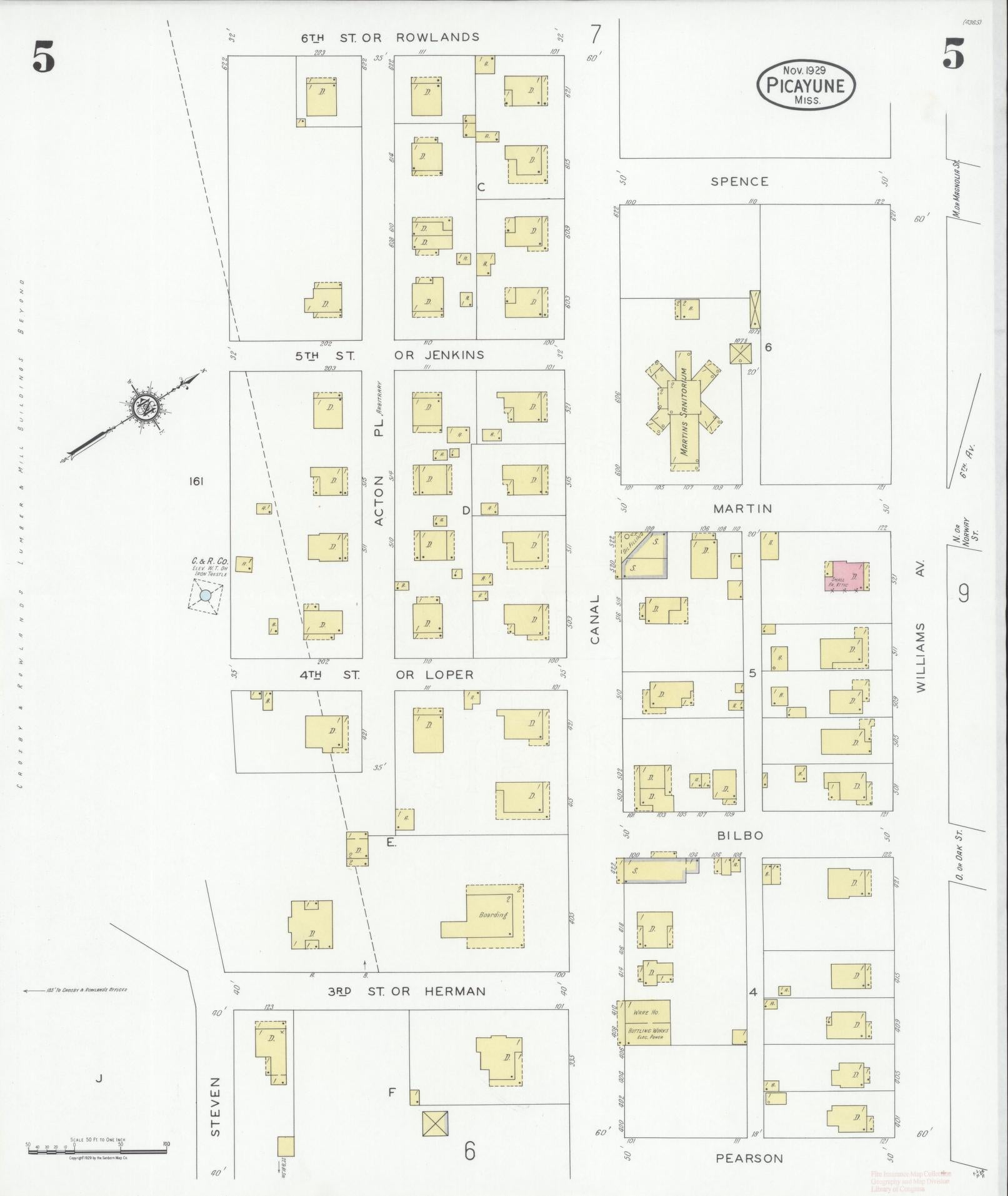 Sanborn Fire Insurance Map from Picayune, Pearl River County, Mississippi (1929), Sheet #0005 - Historic Sanborn Fire Insurance Map Print, vintage old map wall art, antique decor, genealogy gift, Mississippi Mississippi map
