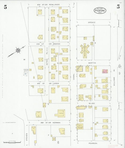 Sanborn Fire Insurance Map from Picayune, Pearl River County, Mississippi (1929), Sheet #0005 - Historic Sanborn Fire Insurance Map Print, vintage old map wall art, antique decor, genealogy gift, Mississippi Mississippi map