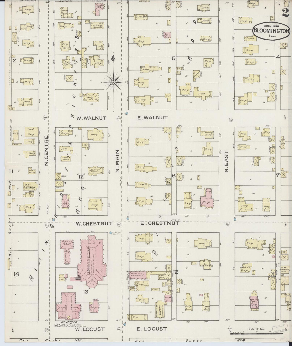 Sanborn Fire Insurance Map from Bloomington, McLean County, Illinois (1886), Sheet #0002 - Historic Sanborn Fire Insurance Map Print, vintage old map wall art, antique decor, genealogy gift, Illinois Illinois map