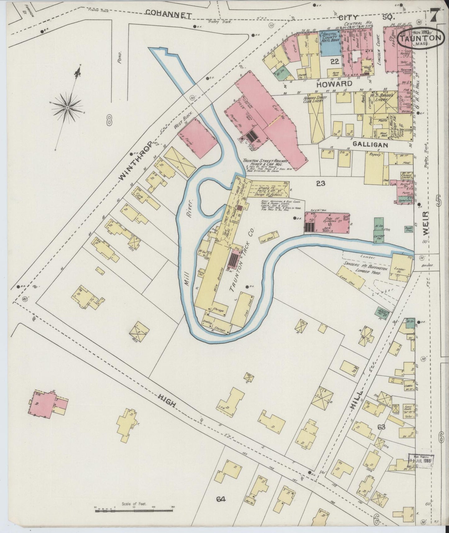 Sanborn Fire Insurance Map from Taunton, Bristol County, Massachusetts (1893), Sheet #0007 - Historic Sanborn Fire Insurance Map Print, vintage old map wall art, antique decor, genealogy gift, Massachusetts Massachusetts map