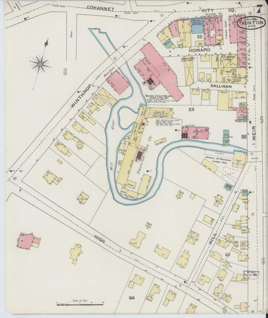 Sanborn Fire Insurance Map from Taunton, Bristol County, Massachusetts (1893), Sheet #0007 - Historic Sanborn Fire Insurance Map Print, vintage old map wall art, antique decor, genealogy gift, Massachusetts Massachusetts map