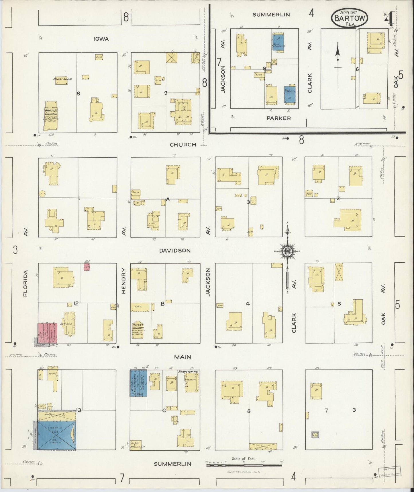Sanborn Fire Insurance Map from Bartow, Polk County, Florida (1917), Sheet #0004 - Complete Map Set gallery image, historic Sanborn map, vintage wall art, Florida Florida