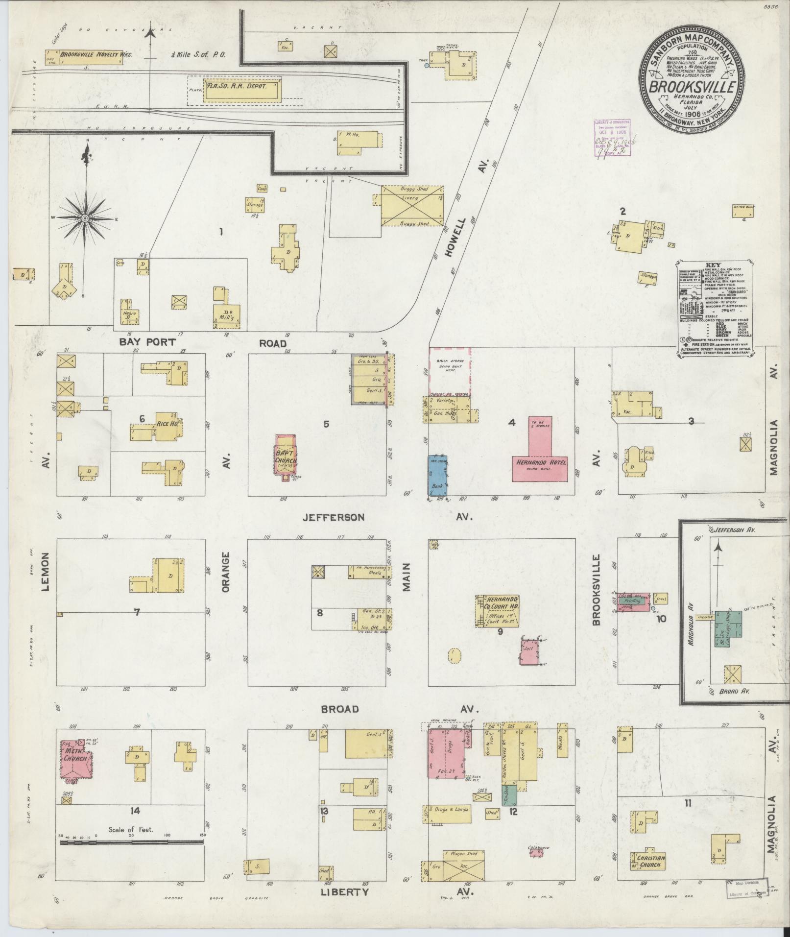 Sanborn Fire Insurance Map from Brooksville, Hernando County, Florida (1906), Sheet #0001 - Historic Sanborn Fire Insurance Map Print, vintage old map wall art, antique decor, genealogy gift, Florida Florida map
