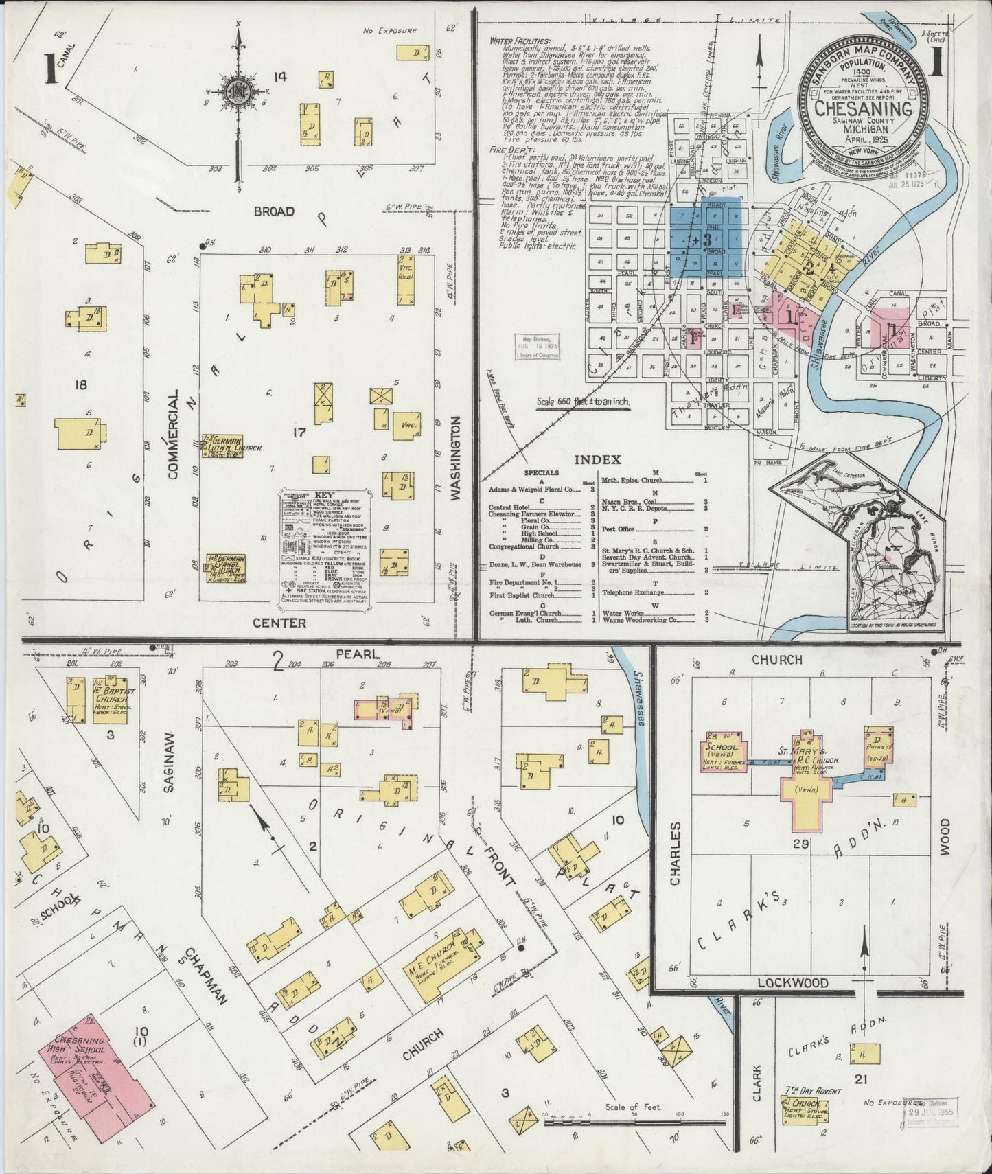 Sanborn Fire Insurance Map from Chesaning, Saginaw County, Michigan (1925), Sheet #0001 - Historic Sanborn Fire Insurance Map Print, vintage old map wall art, antique decor, genealogy gift, Michigan Michigan map