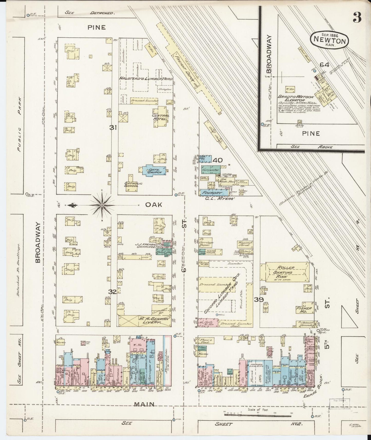 Sanborn Fire Insurance Map from Newton, Harvey County, Kansas (1886), Sheet #0003 - Historic Sanborn Fire Insurance Map Print, vintage old map wall art, antique decor, genealogy gift, Kansas Kansas map