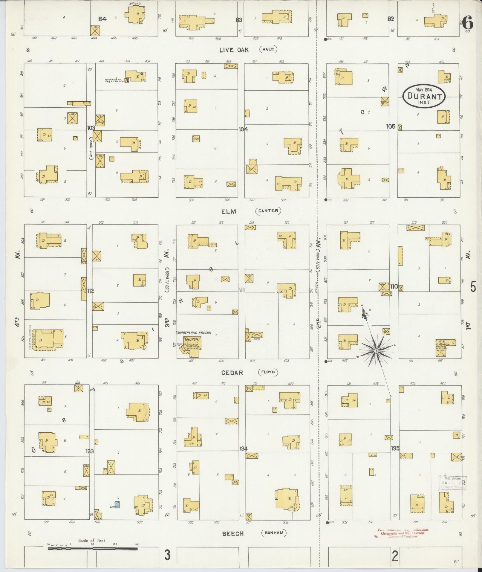 Sanborn Fire Insurance Map from Durant, Bryan County, Oklahoma (1904), Sheet #0006 - Historic Sanborn Fire Insurance Map Print, vintage old map wall art, antique decor, genealogy gift, Oklahoma Oklahoma map