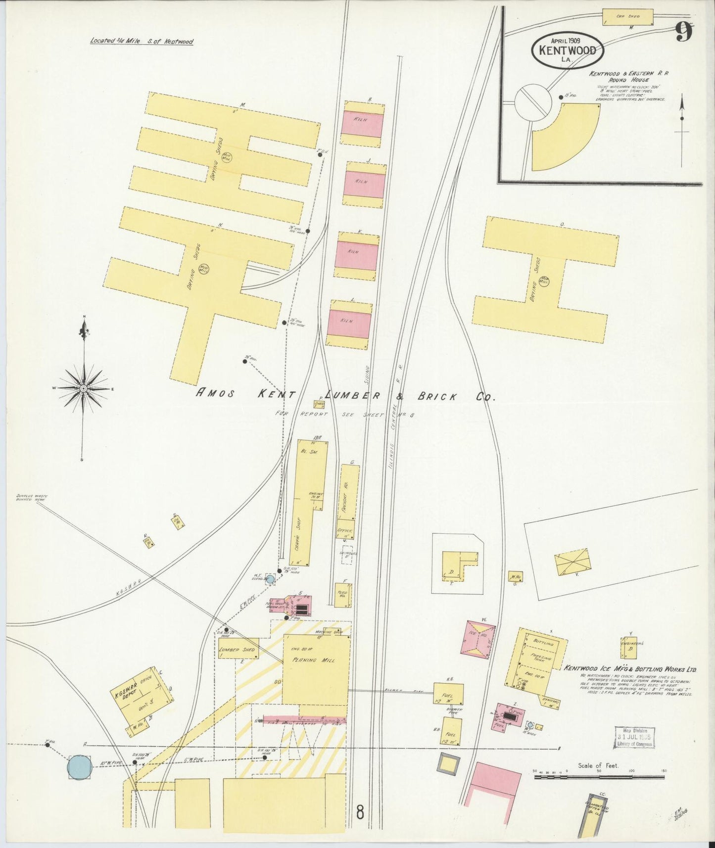 Sanborn Fire Insurance Map from Kentwood, Tangipahoa Parish, Louisiana (1909), Sheet #0009 - Complete Map Set gallery image, historic Sanborn map, vintage wall art, Louisiana Louisiana