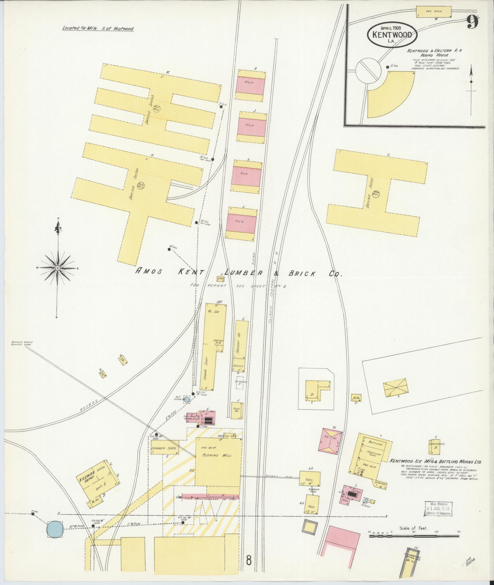 Sanborn Fire Insurance Map from Kentwood, Tangipahoa Parish, Louisiana (1909), Sheet #0009 - Complete Map Set gallery image, historic Sanborn map, vintage wall art, Louisiana Louisiana