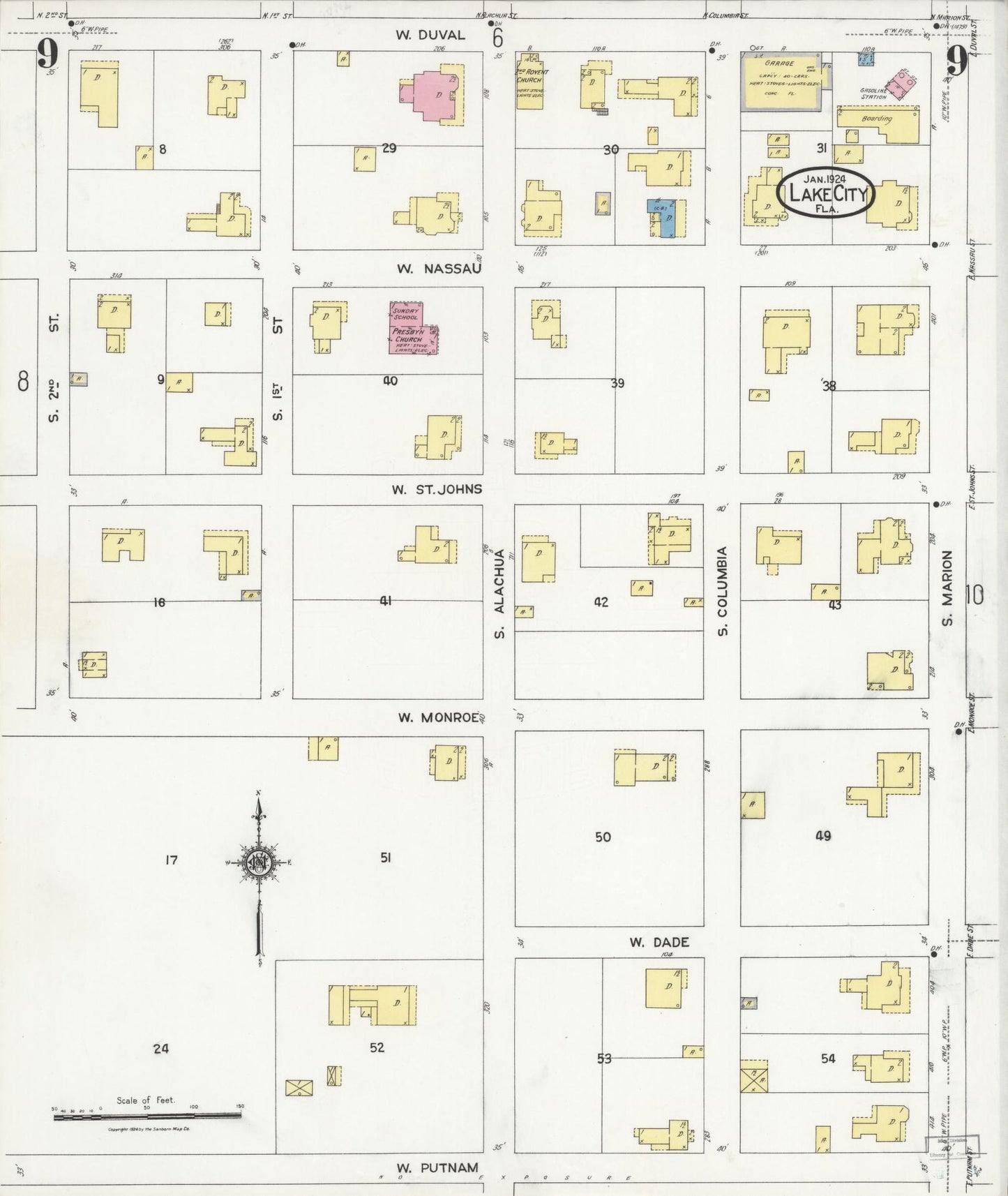 Sanborn Fire Insurance Map from Lake City, Columbia County, Florida (1924), Sheet #0009 - Complete Map Set gallery image, historic Sanborn map, vintage wall art, Florida Florida